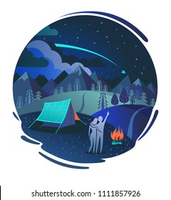 The couple in love looking at the night sky with falling star. Vector background with camping, fire, forest, mountains and valleys. Cute romantic cartoon travel poster, print, label or card.