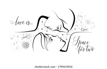 A couple in love looks into each other's eyes. They are surrounded by space, icons of planets, stars and comets.