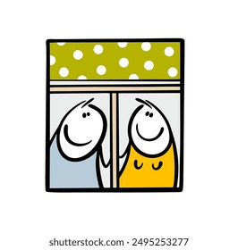 Couple in love looks out of cartoon window with a green curtain. Vector illustration of family idyll. Stickman man and woman live together in a cozy house. Isolated characters on white background.