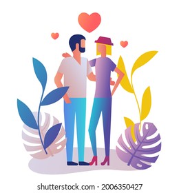 Couple in love. Loving couple. Happy Valentines Day. Vector illustration cartoon style. Man and woman embracing each other. Isolated on white background. Poster, banner, template with place for text.