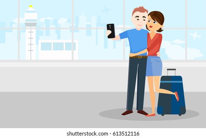Couple in love with luggage at airport waiting for flight. Men and women are photographed on the phone. Selfies travel. Takeoff and landing of aircraft. Trolley with suitcases. Vector