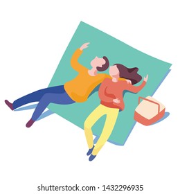 The couple in love is lying on the bedspread, resting. Man and woman on nature, picnic, outdoor recreation. Vector illustration