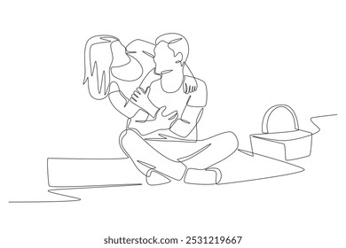 A couple in love making out on a picnic. Picnic gathering concept one-line drawing