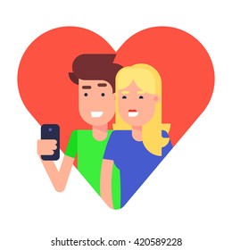 Couple in love making selfie illustration. Boy and girl making selfie for sharing with friends in a social network concept. Good idea for modern lifestyle illustration. Vector art.