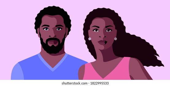 Couple in love, male and female full face portraits of African Americans. Bearded man and woman with long curly hair, in summer clothes. Vector illustration