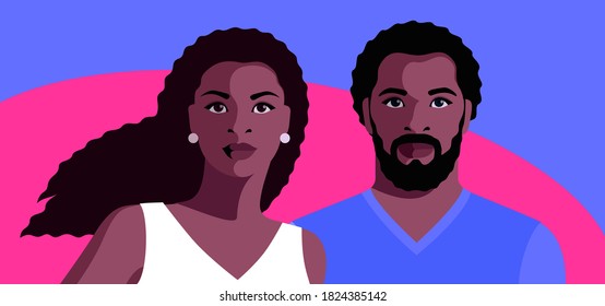 Couple in love, male and female full face portraits of young Africans. Bearded man and woman with long curly hair, in summer clothes. Vector illustration