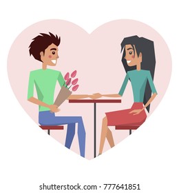 Couple in love, man with flower sitting on chair by table, woman wearing blue skirt, people loving each other, isolated on vector illustration