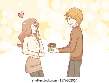 Couple in love man give a gift to woman in sweet pastel free hand line drawing vector illustration in concepts cute kawaii anime cartoon style christmas and valentine in love