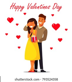 Couple in love. Man gives a woman a gift. Happy Valentines day greeting card. Vector illustration.