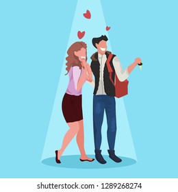 couple in love man giving woman keys to car or house happy valentines day holiday celebration concept over heart shapes female male full length characters flat