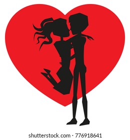 Couple in love, man holding and embrace woman, big red heart shape on background, silhouette of loving people isolated on vector illustration