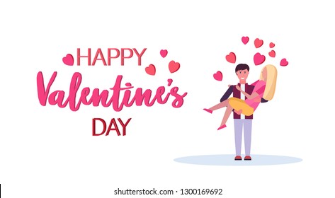 couple in love man holding on arms woman happy valentines day celebrating concept lovers having fun over red heart shapes background isolated horizontal greeting card flat