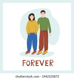 A couple in love. Man hugs woman, a manifestation of feelings. Meeting of friends. Vector characters. Forever inscription.