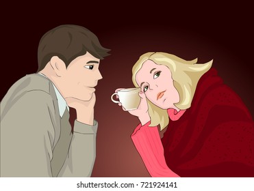 Couple in love. The man looks at the woman with tenderness. The girl is holding a cup of coffee. Dreamy look. Vector illustration. A conversation between husband and wife.