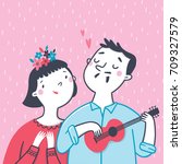 Couple in love. Man playing the guitar and singing a serenade to a woman. Valentine's day card