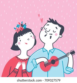 Couple in love. Man playing the guitar and singing a serenade to a woman. Valentine's day card