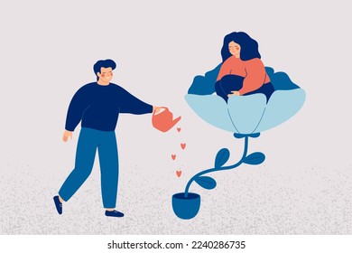 Couple in love. Man watering and growing a flower in which a happy woman sits.Young family is in romantic relationship. Concern for others and support concept.  etor illustration for Valentine's day