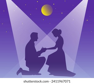 A couple in love, a man and a woman, against the background of a blue night sky with the moon and stars, in bright rays. Vector illustration for Valentine's Day