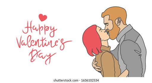  A couple in love. Man and woman, boy and girl kissing.  Happy Valentine`s Day -vector lettering of hand drawn illusstration. Hand-painted vector illustration for a Valentine's Day card. EPS 10