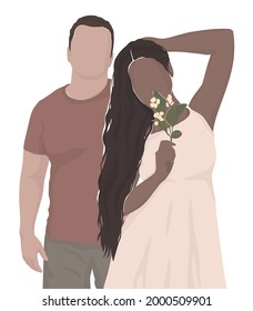 couple in love. man and woman of different ethnic groups. the girl is holding the flowers. vector modern flat illustrations. isolated in layers. for postcard, poster, banner, magazine or book cover
