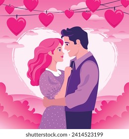 A couple in love. A man and a woman embrace tenderly. Family. Vector. Valentine's Day. Background of hearts and sunset. The color is pink, purple.