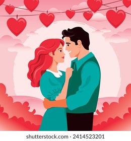 A couple in love. A man and a woman embrace tenderly. Family. Vector. Valentine's Day. Background of hearts and sunset. Color red, green.