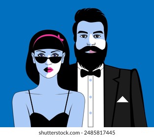 Couple in love, man and woman in evening wear, dress cod, party, celebration. Modern city life vector illustration.