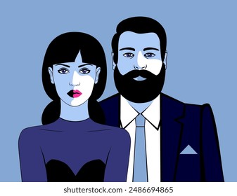 Couple in love, man and woman in evening wear, dress code. Wedding, party, holiday. Modern vector illustration of city life.