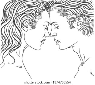 A couple in love - a man and a woman face to face in profile, contour