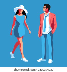 Couple in love, man and woman, in full height. Urban people wearing casual summer clothes, jeans, sneakers and sunglasses. Vector illustration