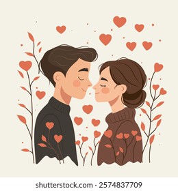 Couple in love, man and woman, on the background of hearts and nature. Valentine's Day, Family Day. Vector flat illustration. For love sites, invitations, dating apps, posters, banners