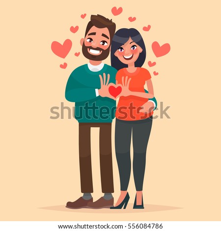 Couple in love. A man and a woman show heart with his hands. Characters for the feast of Saint Valentine. Vector illustration in cartoon style