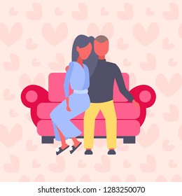 couple in love man woman sitting on couch lovers embracing over heart shapes background happy valentines day holiday celebrating concept flat
