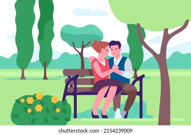 Couple in love. Man and woman sitting on bench in park. Outdoor romantic pastime. Loving pair walking on nature. Embracing persons. People characters meeting. Summer