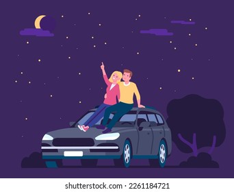 Couple in love. Man and woman sitting on roof of car and looking at stars in dark night sky. Romantic dating. Lovers meeting. Girlfriend and boyfriend walking together