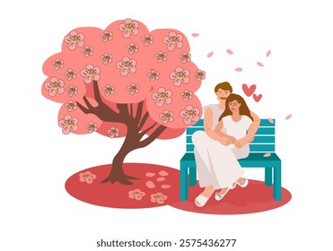 Couple in love man and woman sitting hugging on bench in park near blooming sakura. Vector cartoon illustration - spring romantic background for cards, invitations, banners