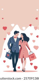 Couple in love, man and woman walking together with gifts. Valentine's Day, Family Day. Vector illustration with space for text. For love sites, invitations, dating apps, posters, banners