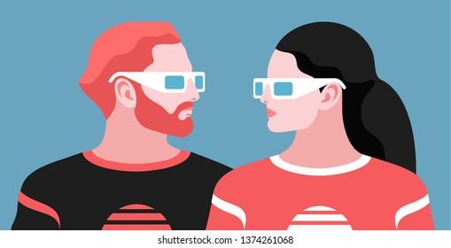 Couple in love. Man and woman wearing sportswear and sunglasses. Male and female characters, face to face, blue background. Vector illustration