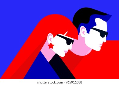 Couple in love. Man and woman wearing sunglasses. Vector illustration