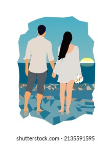 A couple in love meet the sunrise together on the beach.