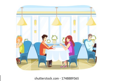 Couple, love, meeting, communication concept.Young boyfriend and girlfrined man and woman sitting in cozy cafe drinking coffee tea and talking together. Romantic date for lovers in informal atmosphere