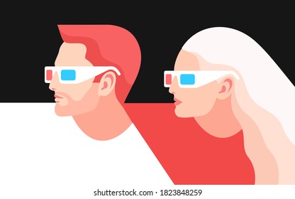 Couple in love, movie lovers. Man and woman, wearing 3d glasses, side view. Vector illustration
