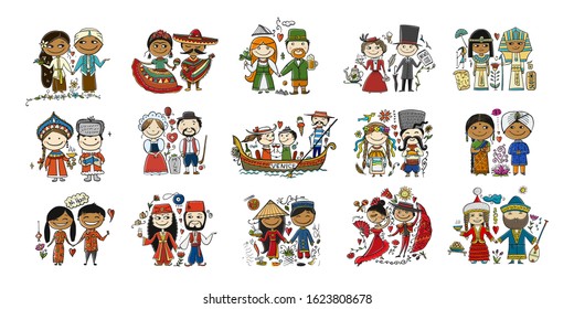 Couple in love, national costume. People in different countries, cards collection for your design. Vector illustration