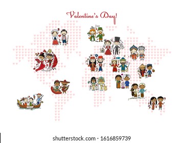 Couple in love, national costume. Valentine day in different countries on world map. Art for your design. Vector illustration