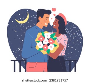 Couple in love at nature concept. Man and woman with bouquet. Young guy and girl at romantic meeting. Gift and present. Cartoon flat vector illustration isolated on white background