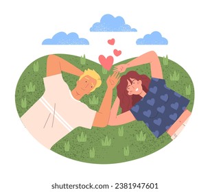 Couple in love at nature concept. Man and woman lies at grass. Young guy and girl at romantic meeting. Graphic element for website. Cartoon flat vector illustration isolated on white background