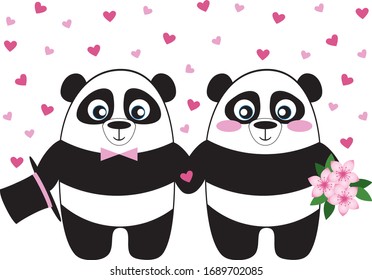 cartoon pandas holding hands