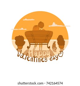 Couple in love on the background of the sky. Card for Valentine's Day. Man and woman sitting on a bench in the park. Doodle outline rough hand-drawn illustration. Inscription Happy Valentines Day.