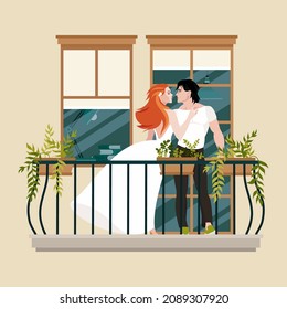 A couple in love is on the balcony against the background of a window and a doorway and kissing. A balcony with green potted plants adorns the architecture of the building. Flat vector illustration.