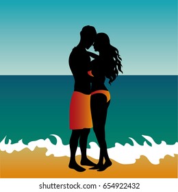 Couple in love on the beach vector silhouette illustration